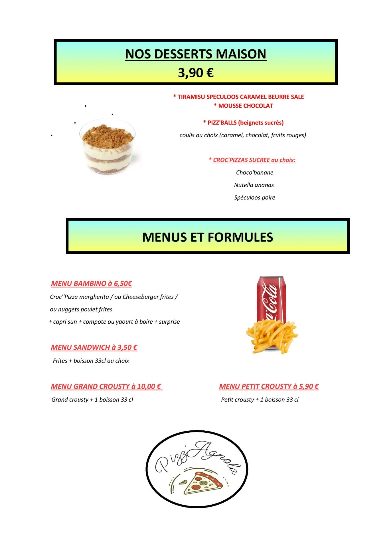 Carte dessert et menus pizz agnola 4